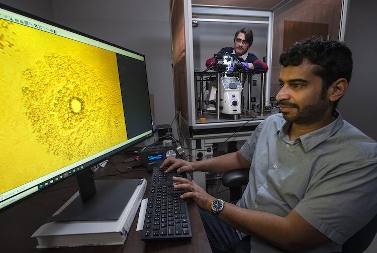 In the foreground, a man works in front of a large computer screen with a golden image on it. A man watches him in the background.