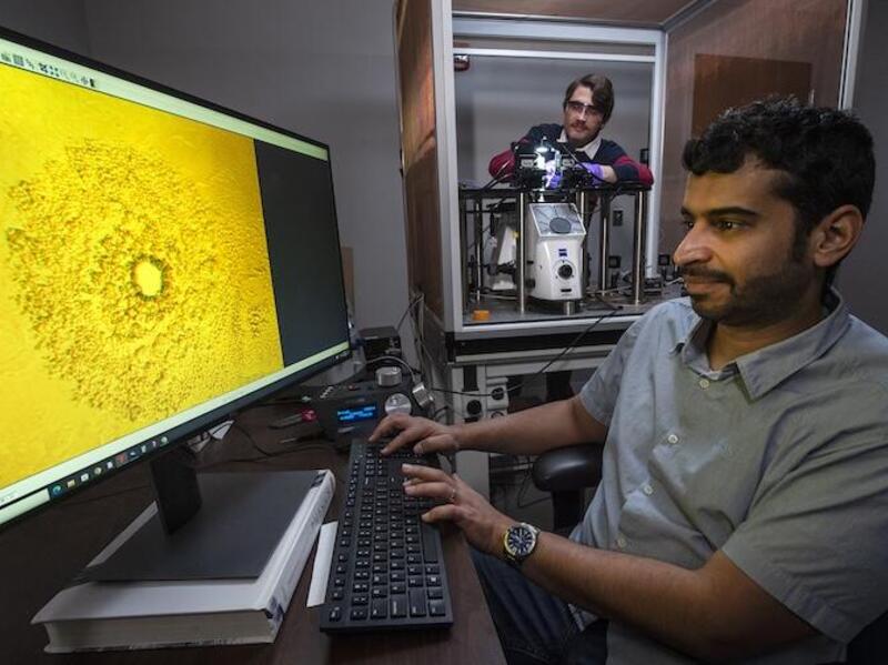 In the foreground, a man works in front of a large computer screen with a golden image on it. A man watches him in the background.