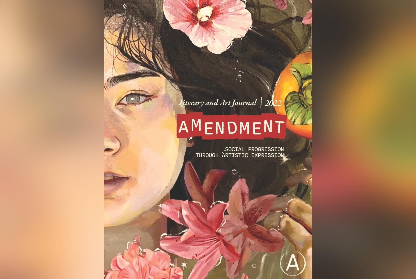 An illustration of a woman with flowers with text that reads \"AMENDMENT\" on top of it. 
