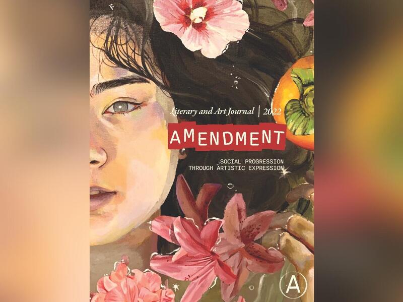 An illustration of a woman with flowers with text that reads \"AMENDMENT\" on top of it. 