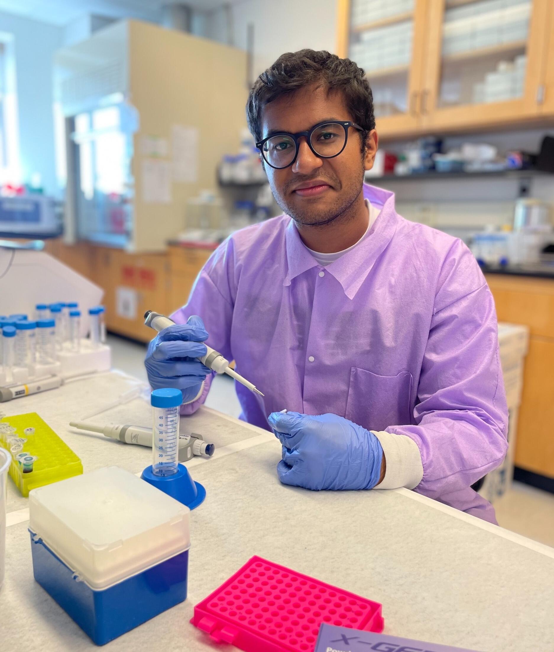 Biology student Anubhav Thapaliya in Erich Damm's wet lab.