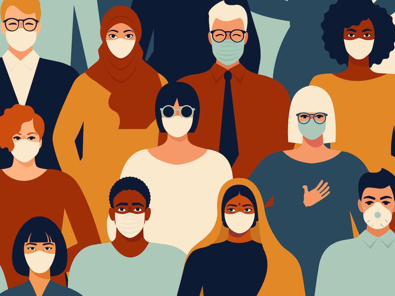 Drawing of people figurines in rows wearing face masks.