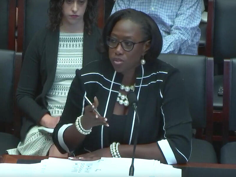 Woman seated at a table, speaking into a microphone.