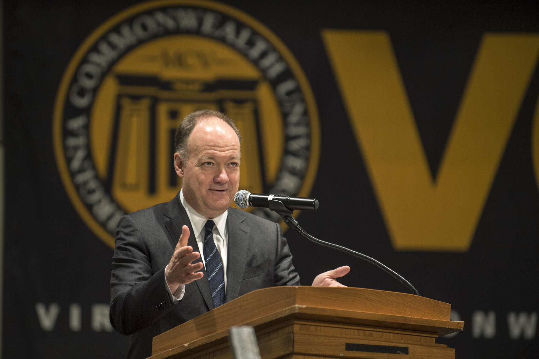 John DeGioia, Ph.D., president of Georgetown University, told VCU faculty members that "we do best when we listen to members of our community" on issues such as freedom of speech and academic freedom. (Photo by Kevin Morley, University Marketing)