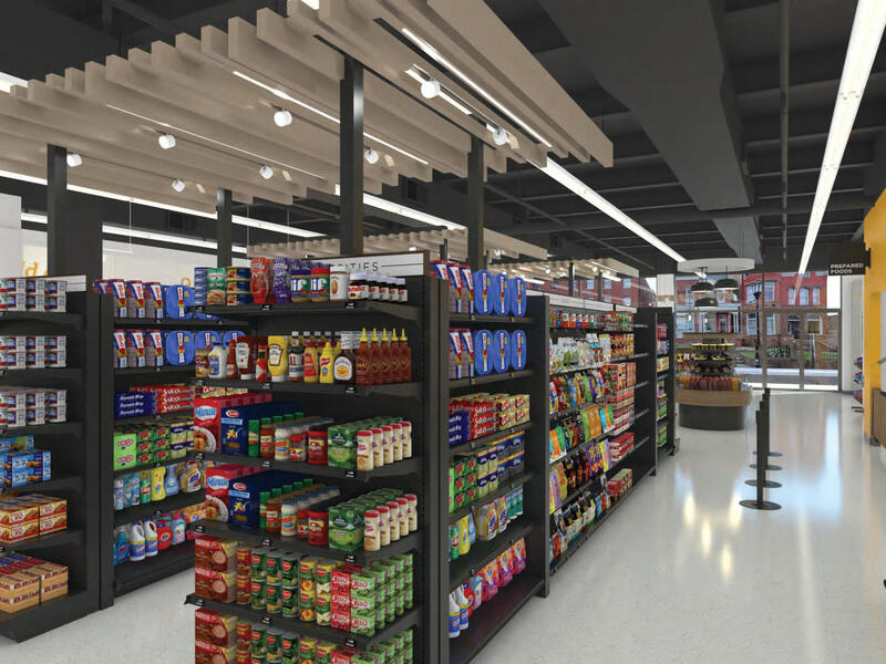Digital rendering of a small grocery market, with shelves stocked with goods