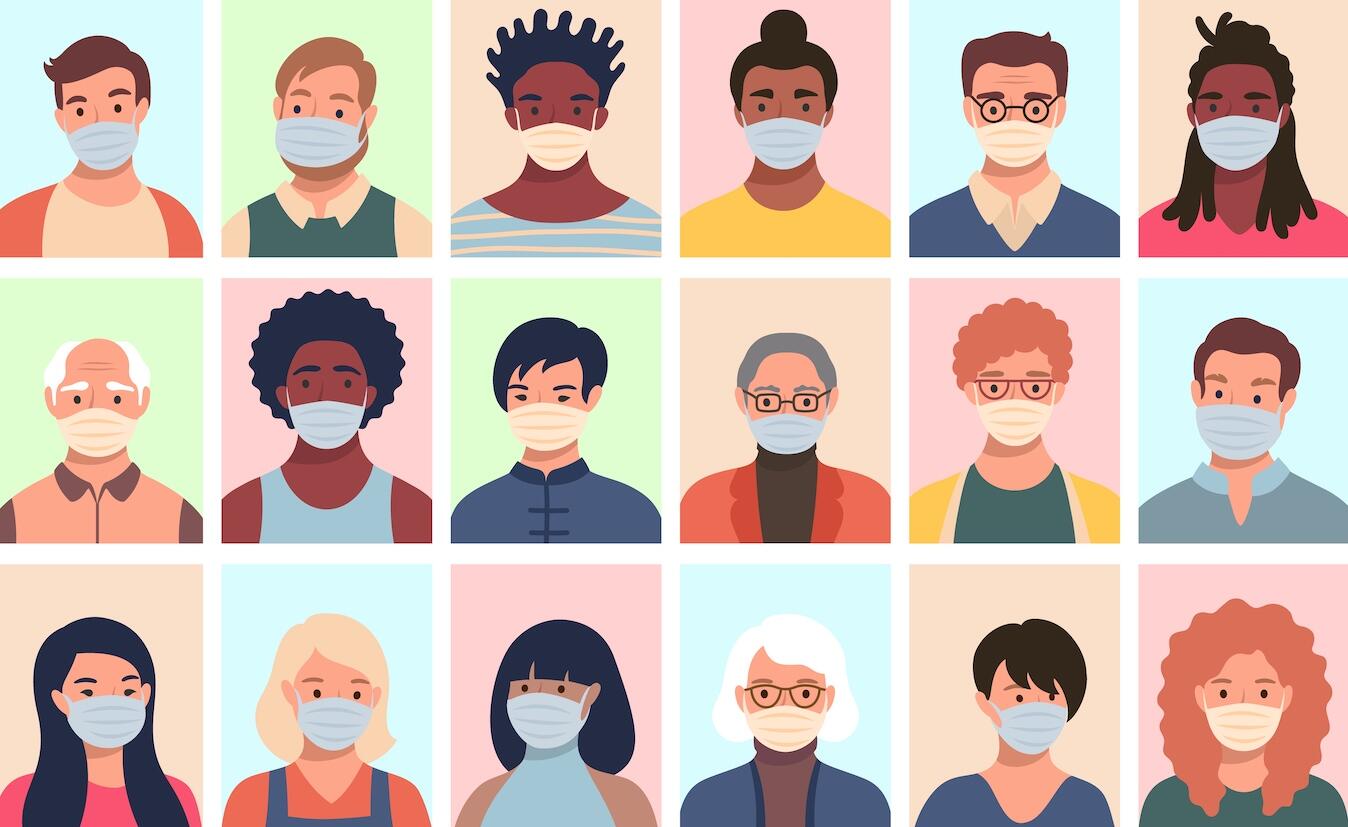 A drawing of various individuals wearing facial masks.