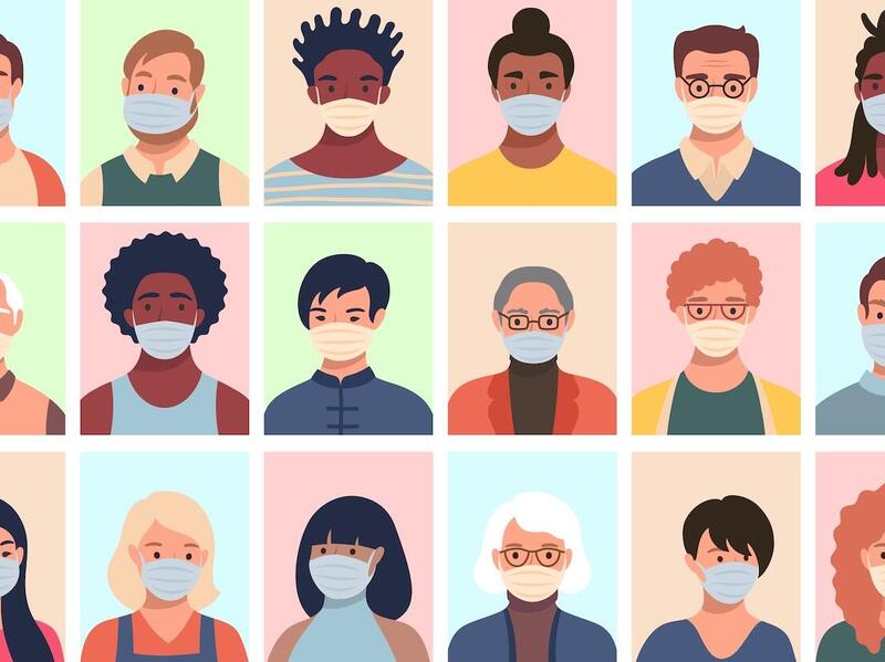 A drawing of various individuals wearing facial masks.