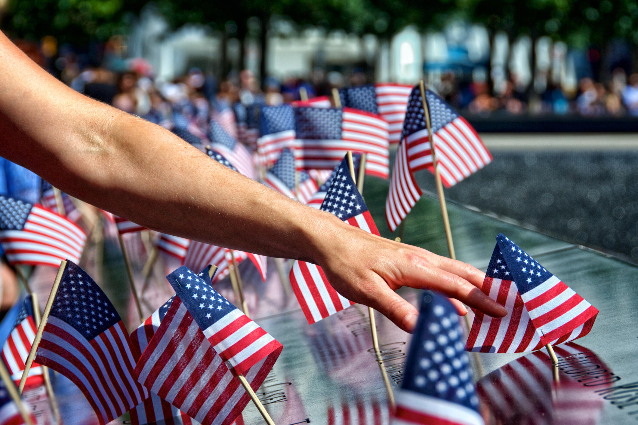 A photo of an arm outstretched with a hand touching a small American flag. There are many other small American flags around the arm and first flag. 
