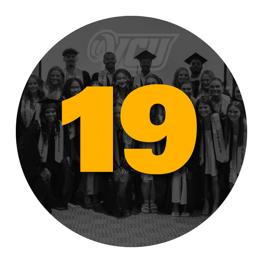 The number 19 overlaying a photo of students in graduation caps and gowns.