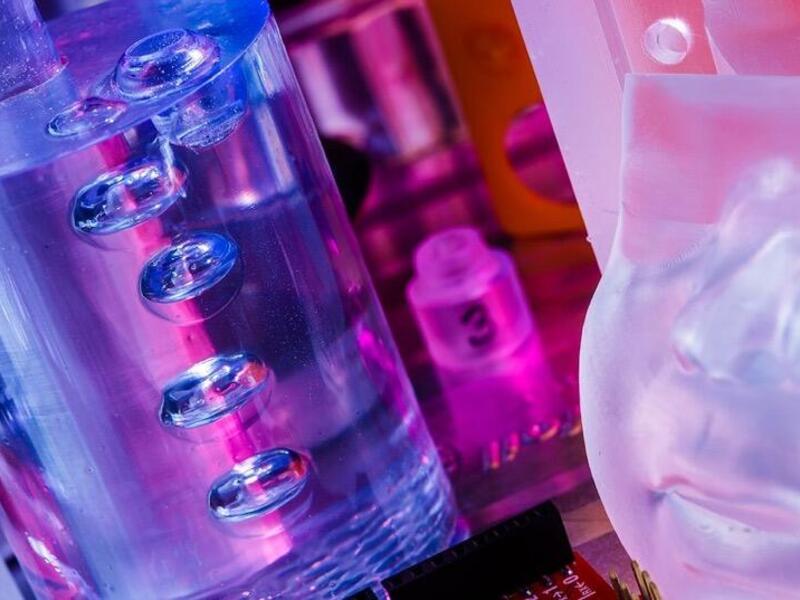 A photo of a beaker close up. 