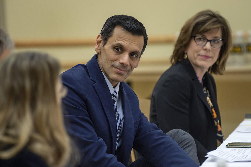 VCU President Michael Rao, Ph.D., and Erin Webster Garrett, Ph.D., assistant vice provost for REAL at VCU, spoke about the importance of internships to college students. (Photo by Kevin Morley, University Marketing)
