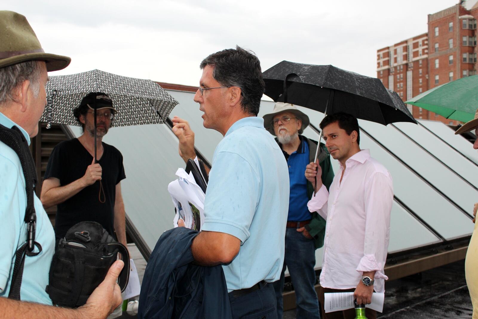 Steven Heinitz explains how the Shafer Dining Center's rooftop’s solar thermal system helps heat 40 percent of the facility’s hot water needs.