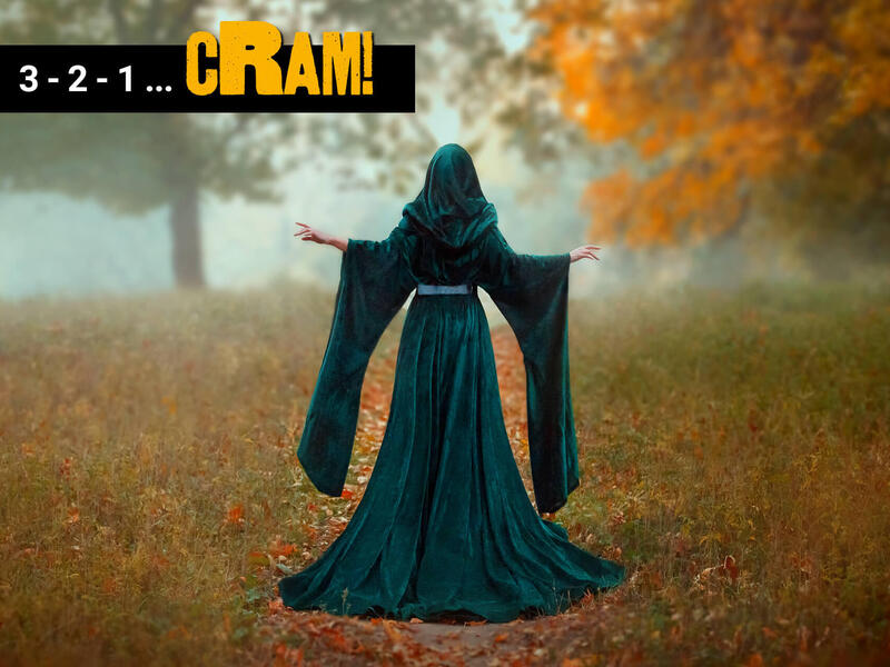 A photo of the back of a woman wearing a green dress with long sleeves and a hood. She is standing outside in brown grass with orange and green trees in the background. A black rectangle in the corner says \"3-2-1 ...\" in white text and \"cRAM!\" in yellow text. 