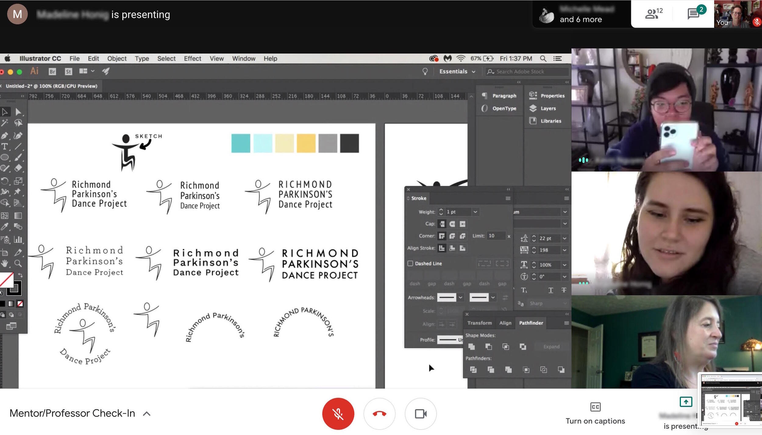 During the virtual CreateAthon, VCU student Madeline Honig shares her logo development for client Richmond Parkinson's Dance Project while classmate Kevin Nguyen documents the process and professors Jess Collins and Peyton Rowe give feedback. 