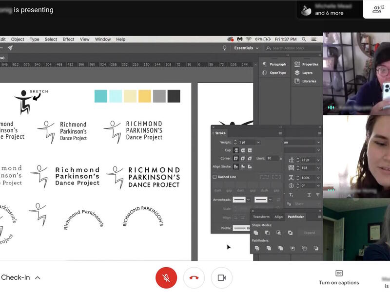 During the virtual CreateAthon, VCU student Madeline Honig shares her logo development for client Richmond Parkinson's Dance Project while classmate Kevin Nguyen documents the process and professors Jess Collins and Peyton Rowe give feedback. 