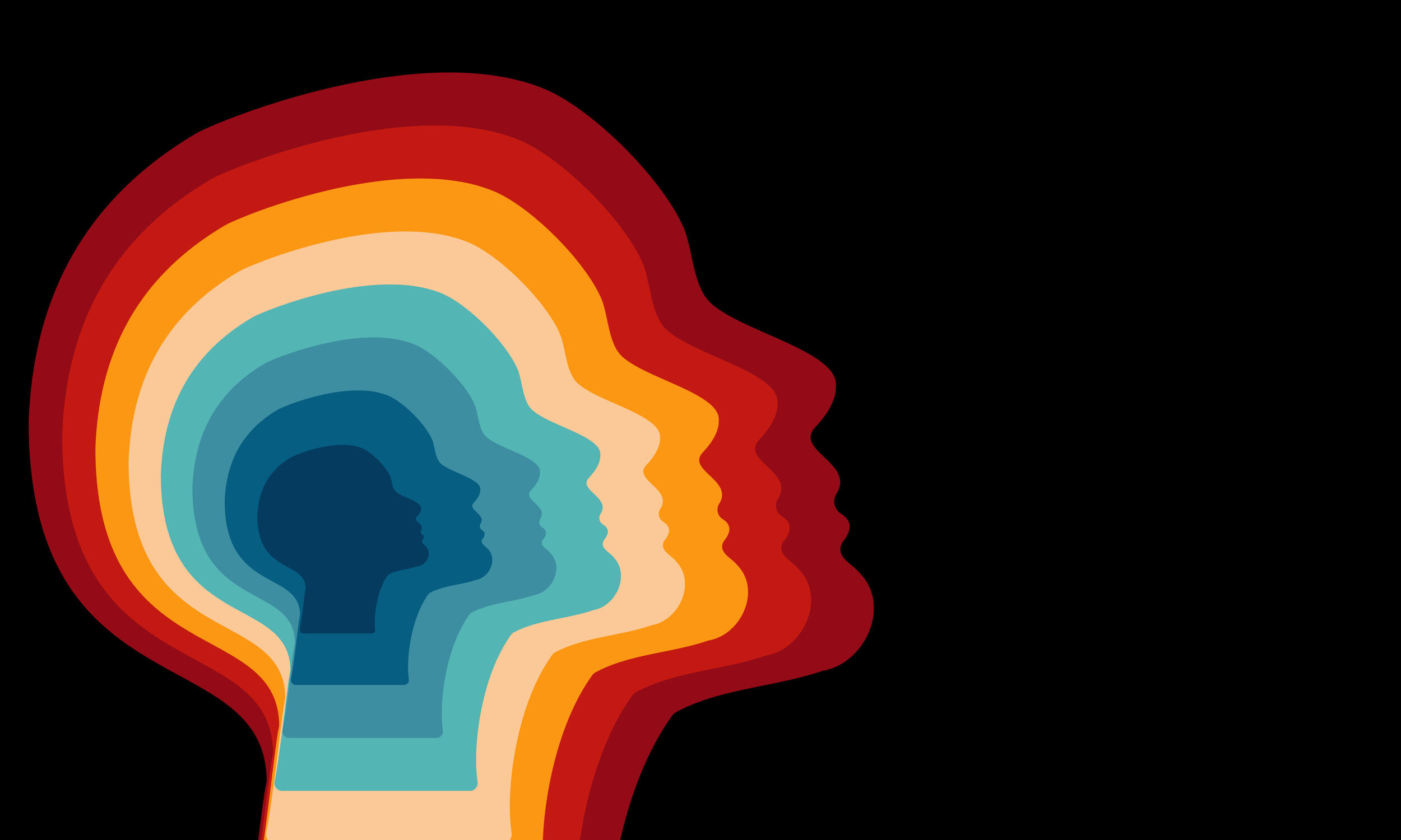 An illustration of the profile of a person's head. The shape of the head is repeated inward in different colors. 