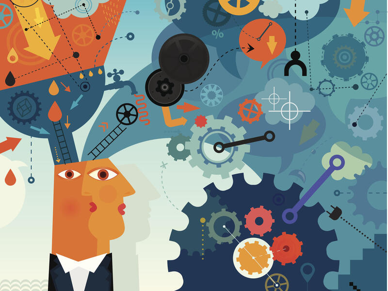 An illustration of an abstract face with gears, shapes, and laders coming out of it. 