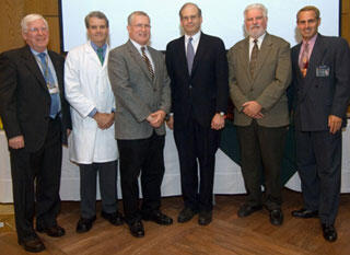 From left: J. Dennis Hoban, Ed.D.; Alpha "Berry" A. Fowler III, M.D.; Roland N. Pittman, Ph.D.; School of Medicine Dean Jerome F. Strauss III, M.D., Ph.D.; Robert F. Diegelmann, Ph.D.; and David X. Cifu, M.D.