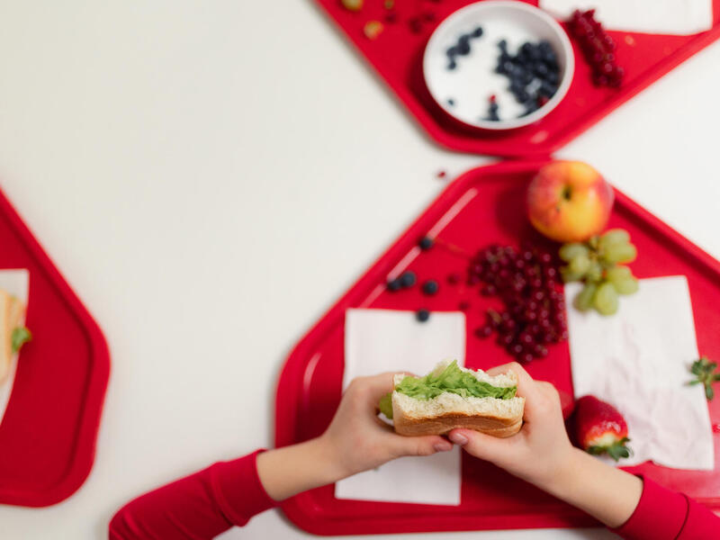 A photo of three red lunch trays sitting on a table. There is fruit on the lunch tray in the center. On thop of the tray are a child's hands and forearms. The hands are holding a sandwich.