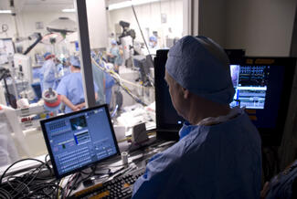 A technician monitoring the Mini-Maze operation from an adjoining room switched between several cameras during the case to give the Boston audience the best views of the procedure.