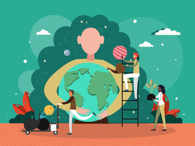 An illustration of a large woman with space for hair hugging the earth. A man on a ladder is holding a wateringcan over the earth. A woman to the right of the man is carrying a plant. A man to the left of the other two is pushing a card with objects on it. 