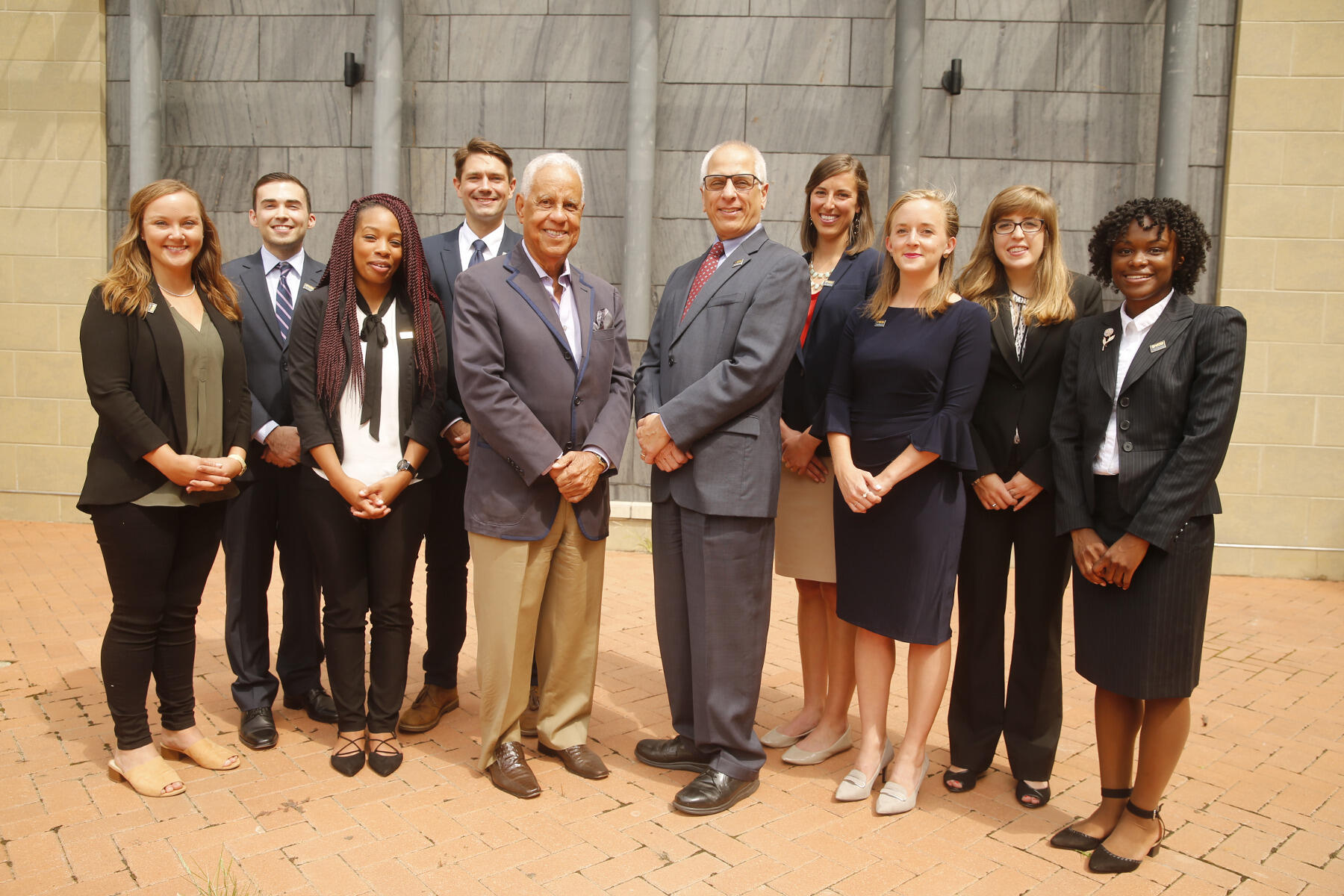 From left to right: Ava Wagner, Nate Manning, Jada Smith, Jesse Harris, Governor L. Douglas Wilder, Dean John Accordino, Ph.D., Lara McLellan, Libba Goggans McKinsey, Rebecca Doody and J'Niyah Knox-Wilson.