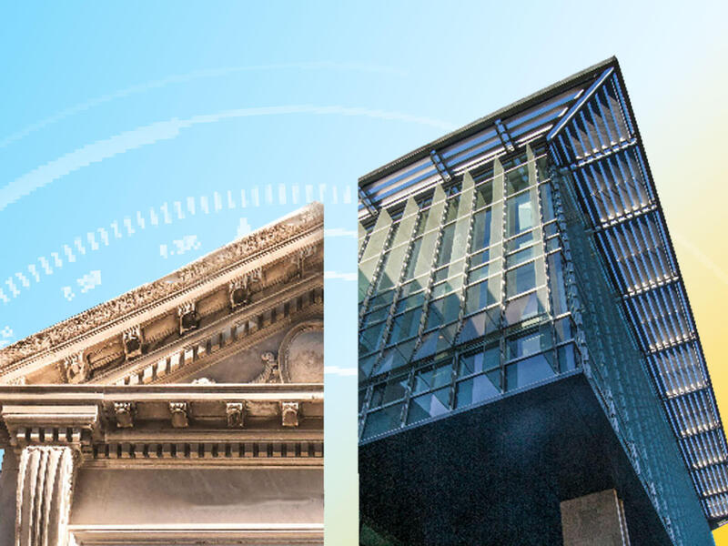 A photo of the half of two buildings next to each other. 