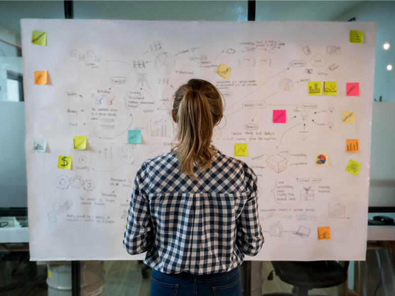 A photo of a woman looking at a board with words written on it and arrows. 