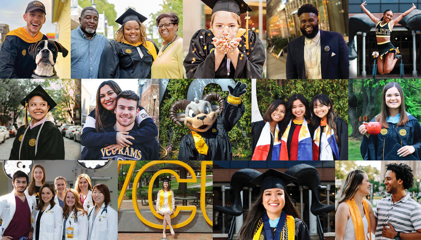 Collage of V C U students in graduation outfits.