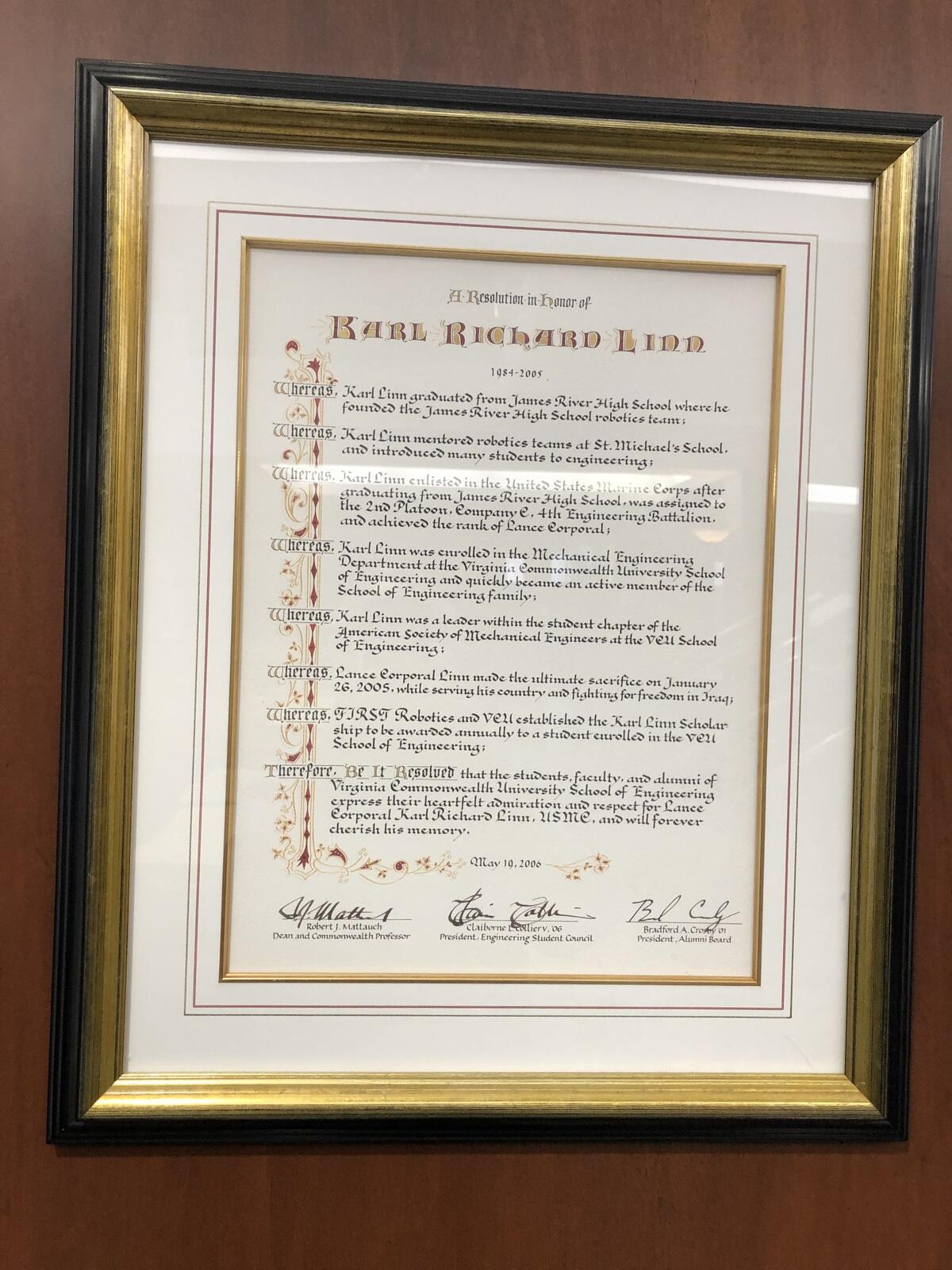 A tribute to Linn hangs in the College of Engineering's West Hall.