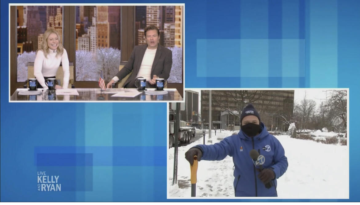 Waller, bottom right, reporting while on \"Live with Kelly and Ryan\"