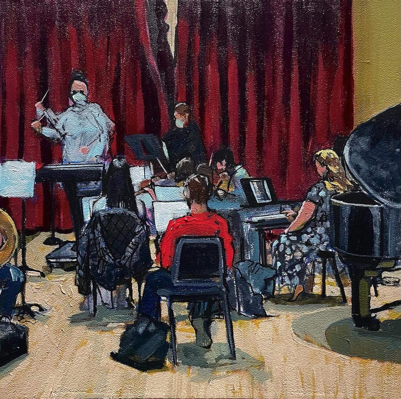 A painting by Matt Lively of a Richmond Symphony rehearsal. 