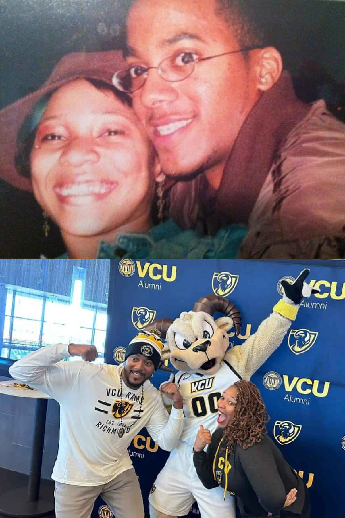 At the top is a photo of a young man and woman's faces. On the bottom is a photo of the same man and woman, but older, posing with a Rodney the Ram mascot. 