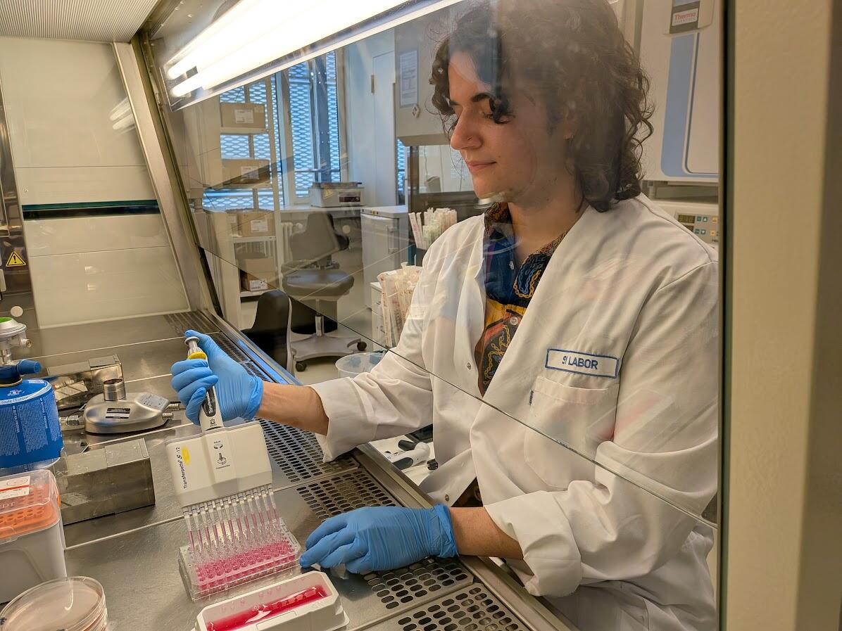 A photo of a person in a white lab coat and blue latex gloves filling beakers in a lab.