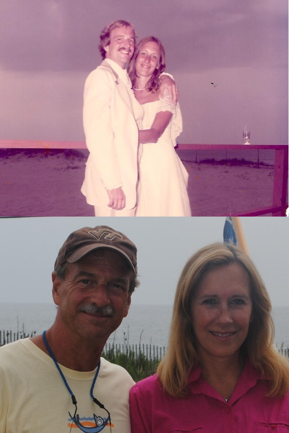 On top is an old photo of a man in a suit and a woman on a wedding dress standing on the beach. On the bottom is a photo of the same couple on a beach but older. 