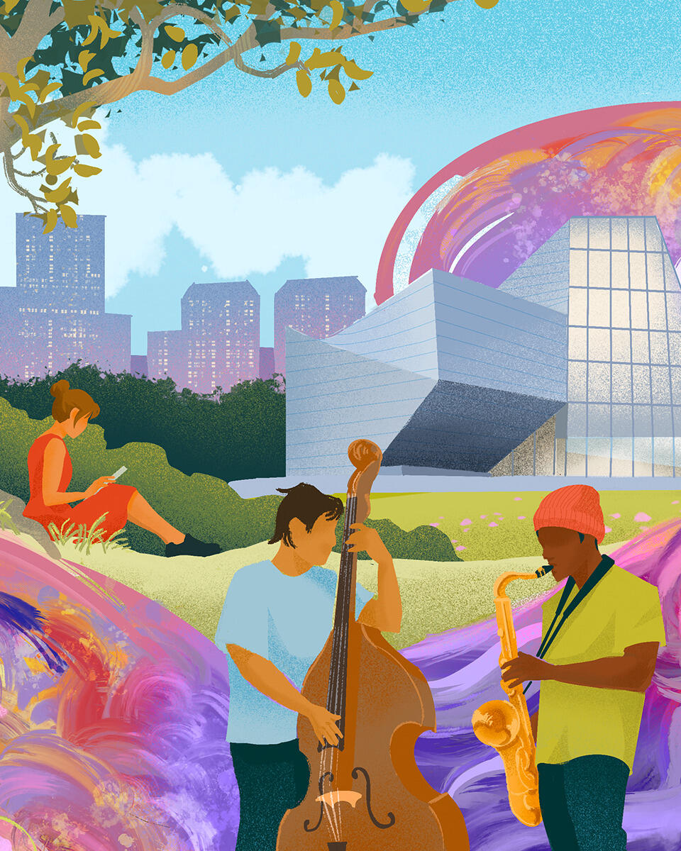 Colorful print of musicians playing, a reader on a hillside, and a skyline in the background.