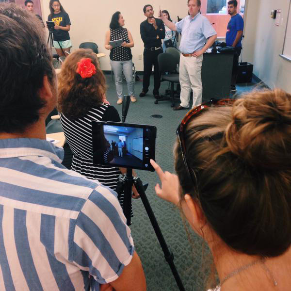 Students from VCU and the Iraqi Young Leaders Exchange Program work on a video project during the Social Media Institute.