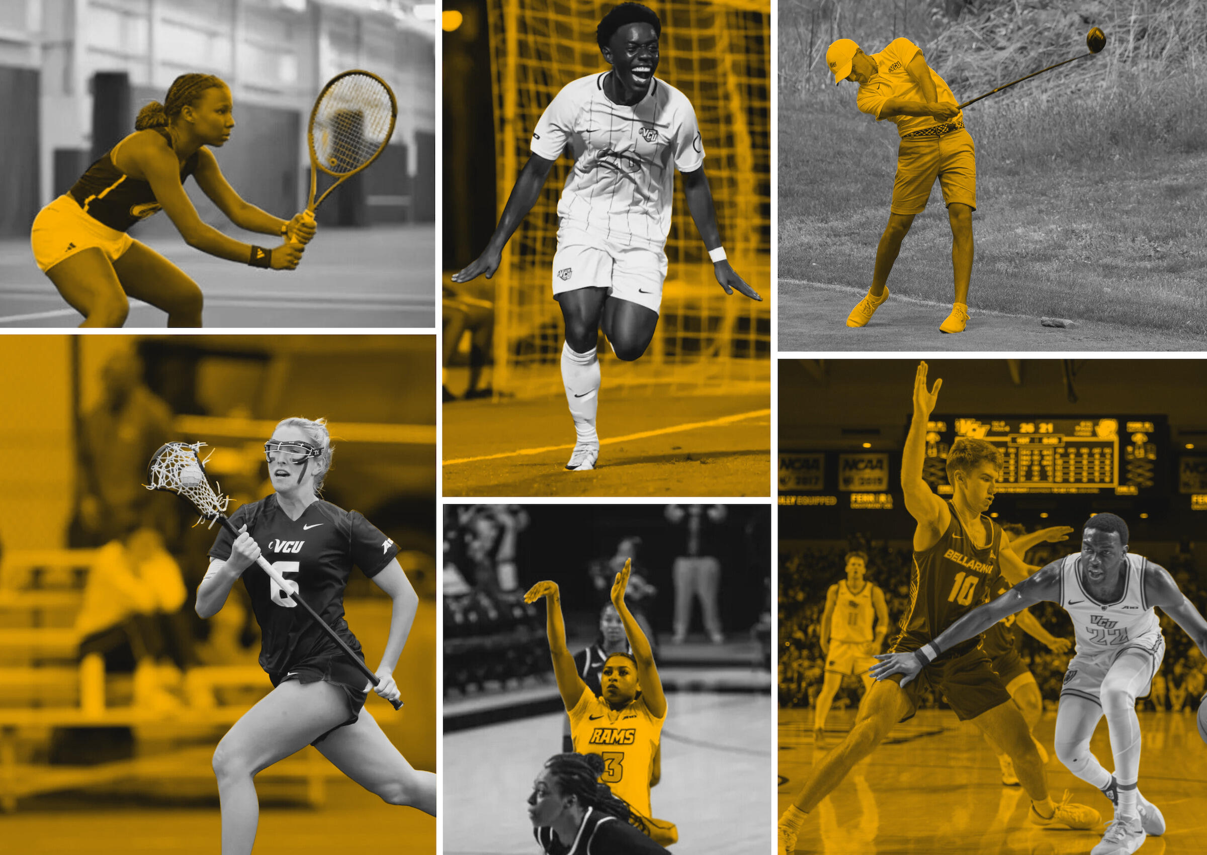 A collage of photos showing VCU students playing tennis, soccer, golf, lacrosse and basketball.