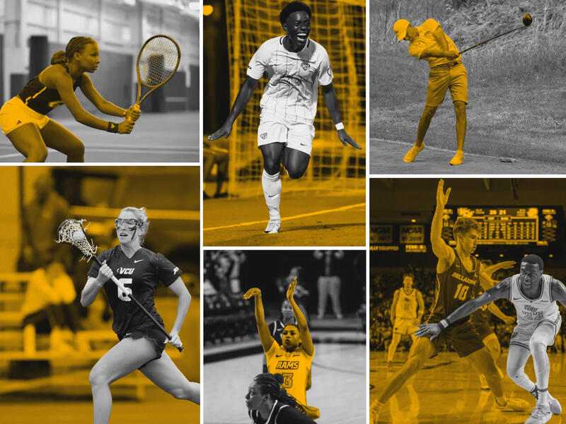A collage of photos showing VCU students playing tennis, soccer, golf, lacrosse and basketball.