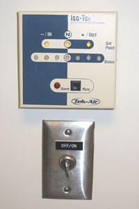 A space pressurization monitor like this is outside each patient room on the Intermediate Medicine/Telemetry Unit on North 9. By turning a key, the airflow for that room switches from conventional ventilation to negative pressure ventilation.
