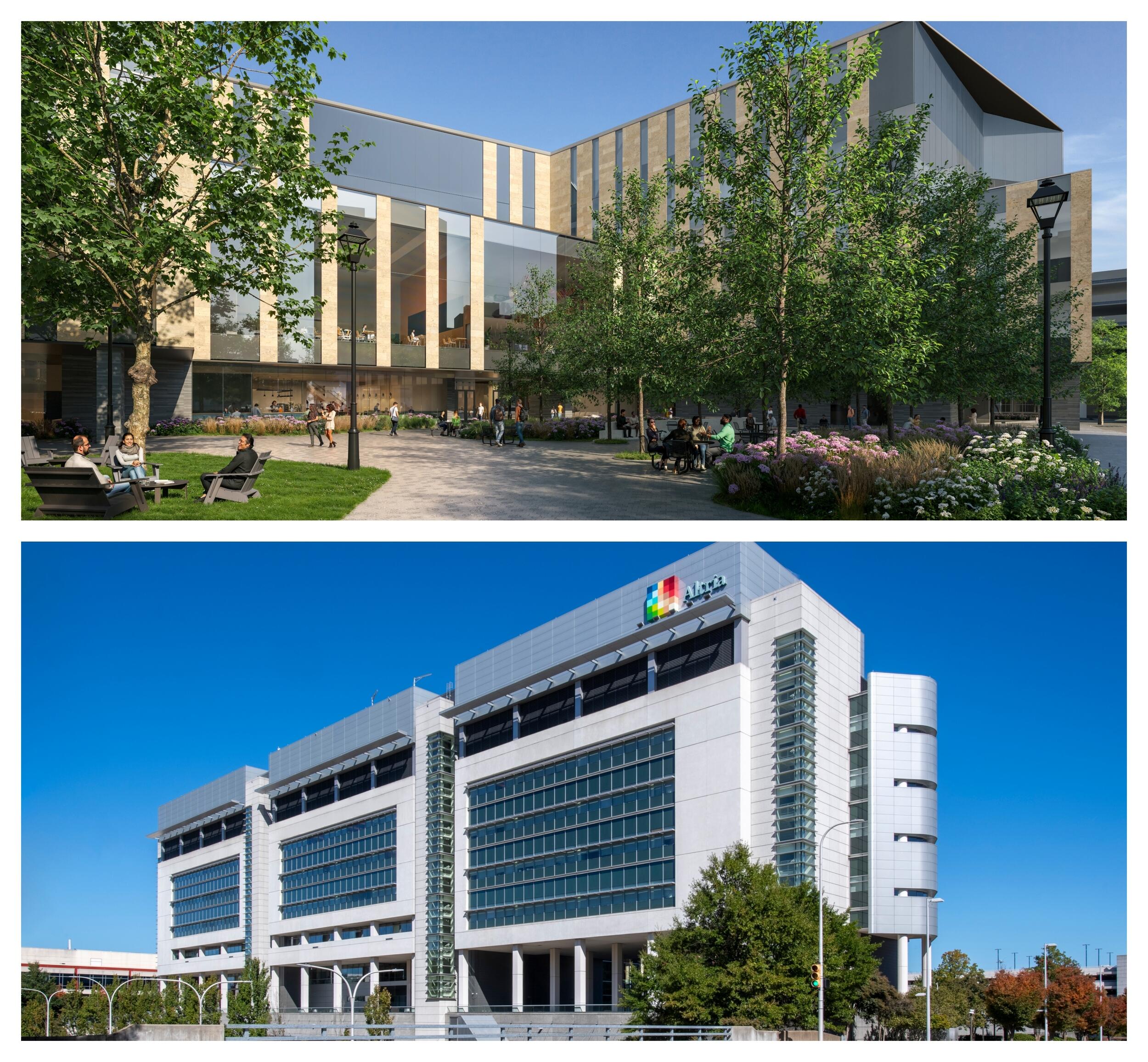 Two photos of two large multi-level buildings. 
