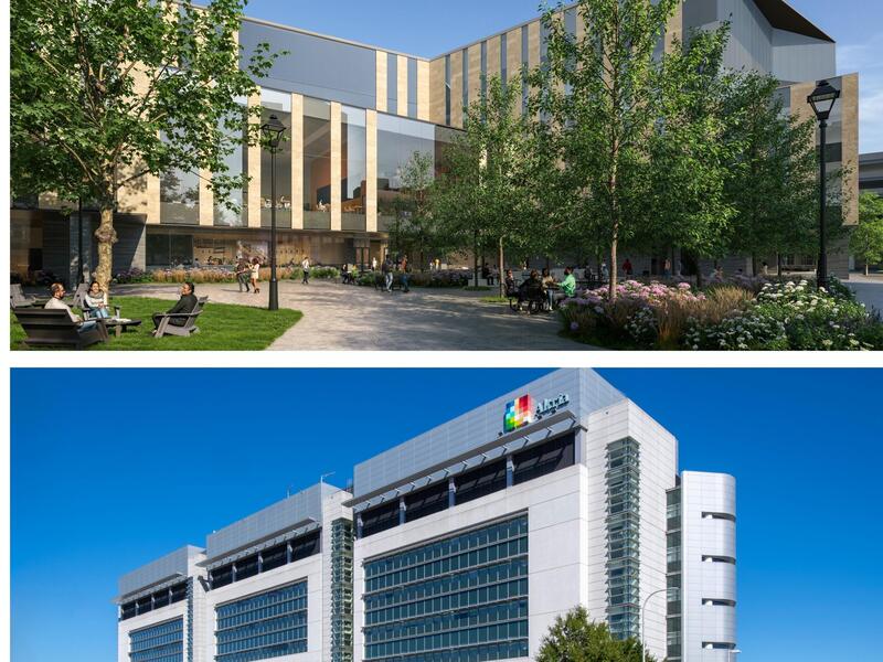 Two photos of two large multi-level buildings. 