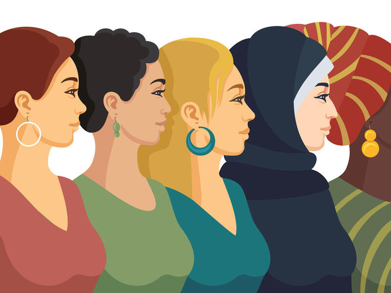 An illustration of five women looking to the right. 