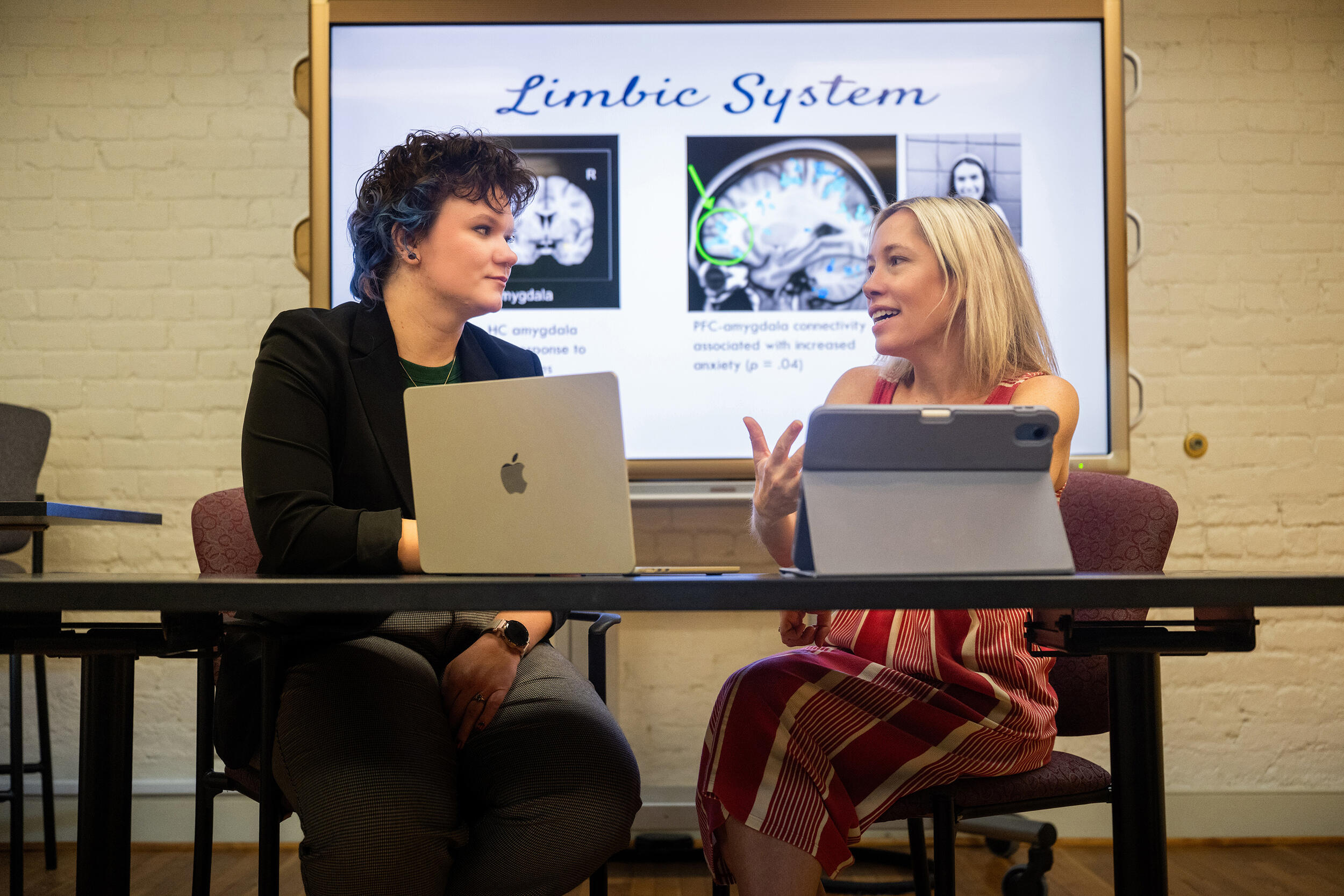 A photo of two people sitting at a table and looking at each other. The person on the left has a laptop open and the person on the right has a tablet. The person on the right is talking to the person on the left. Behind them is a screen that says \"Limbic System\" with images of brain scans unederkneath the text.