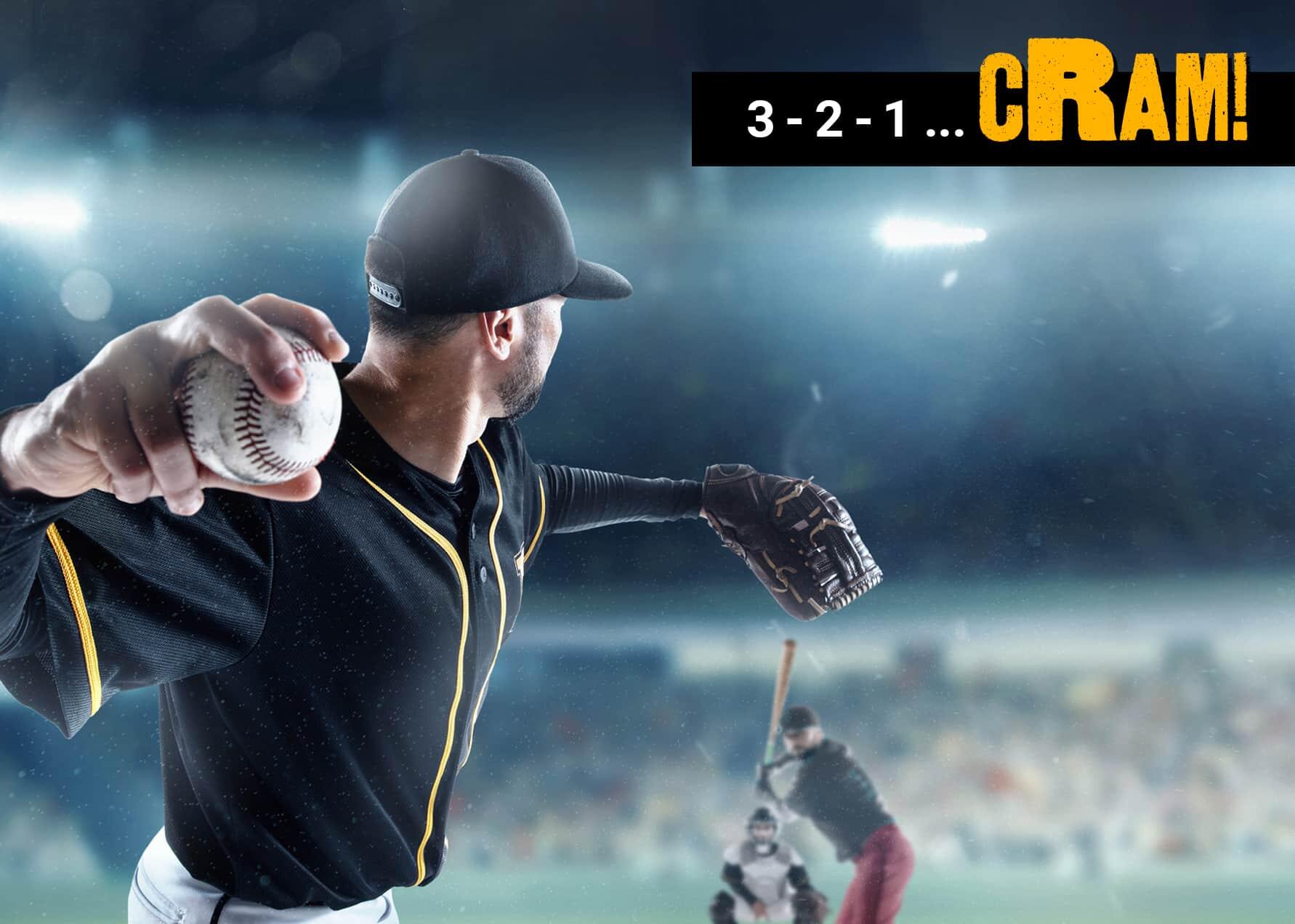 A photo of a pithcer throwing a baseball in the middle of a stadium. In the upper right corner is a black rectanlge with white text that reads \"3 - 2 - 1 ...\" and yellow text that reads \"cRAM!\"