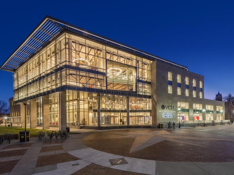 Cabell Library at night 