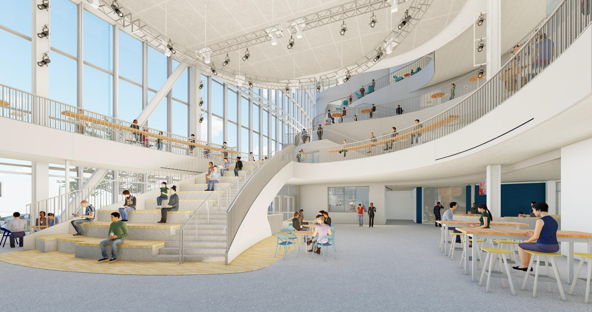 A 3D rending of a large lobby with floor to ceiling windows and a white staircase. 