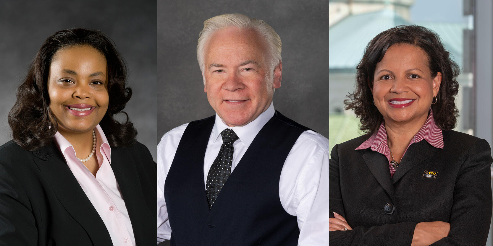 Head shot photos from left to right of VCU Wilder School of Government and Public Affairs faculty Elsie Harper-Anderson, Jay Albanese and Susan Gooden.