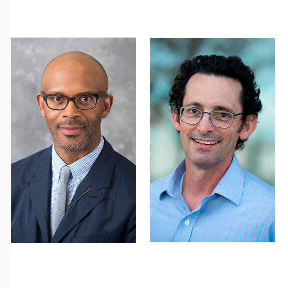 Two portraits of men. The man on the left is wearing glasses, a black sportcoat, a white button up shirt and a light gray tie. The man on the right is wearing a blue button up shirt and glasses. 