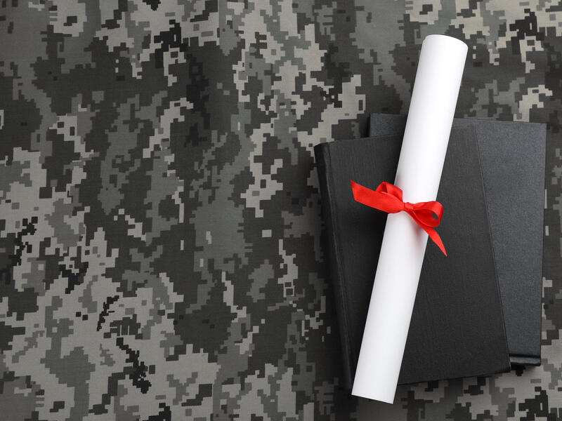 Camouflage background with books and a rolled diploma.